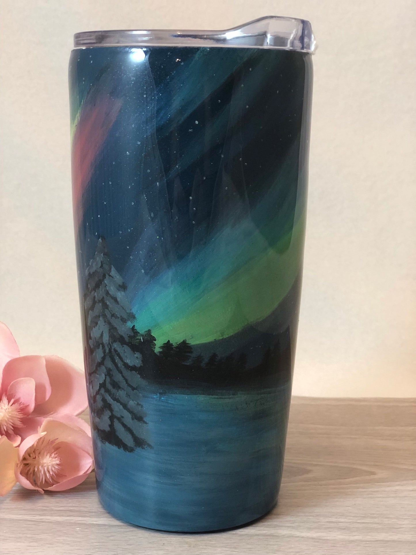 Hand Painted Northern Lights Aurora Borealis 20 oz Winter Tumbler