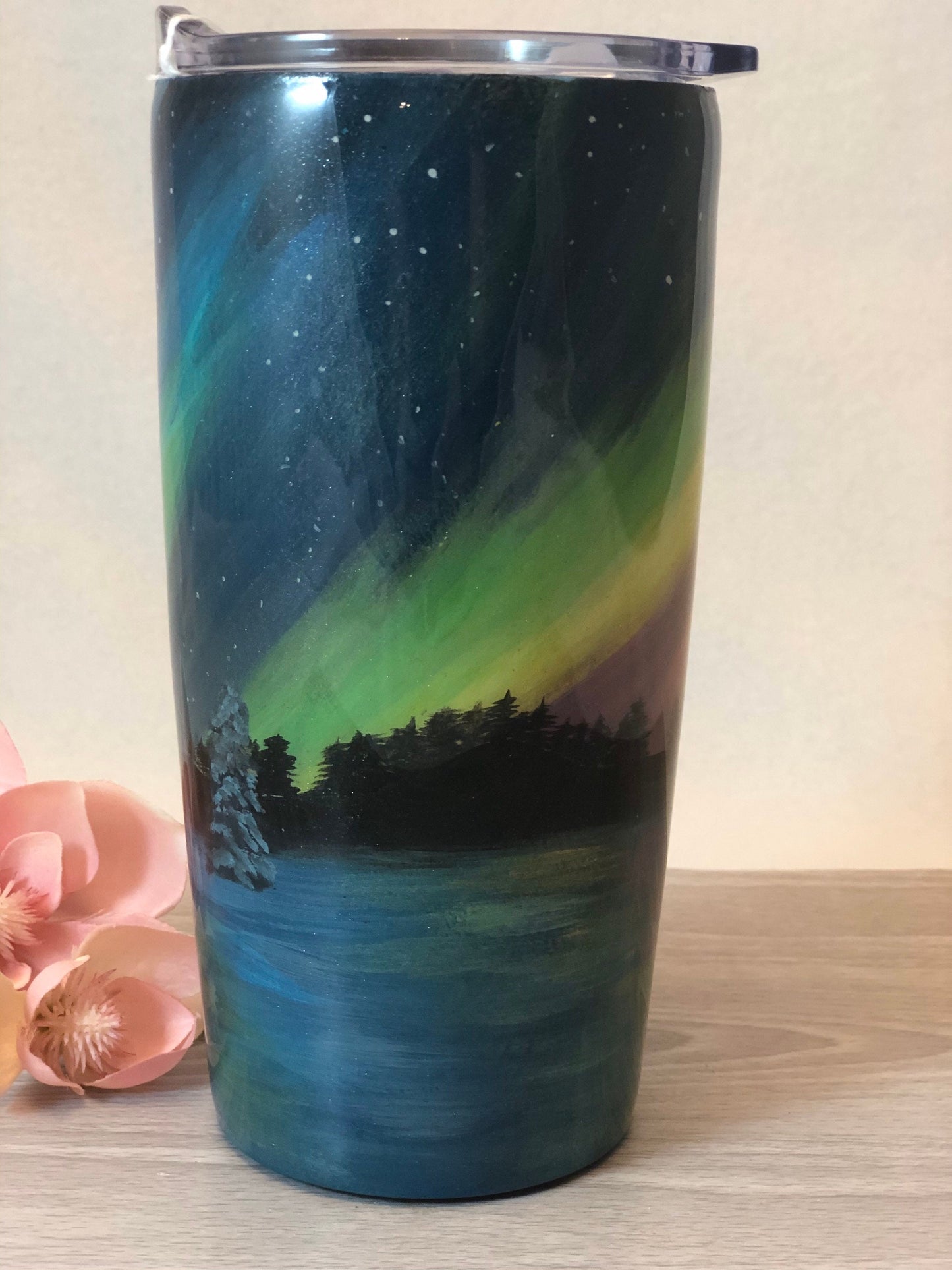 Hand Painted Northern Lights Aurora Borealis 20 oz Winter Tumbler