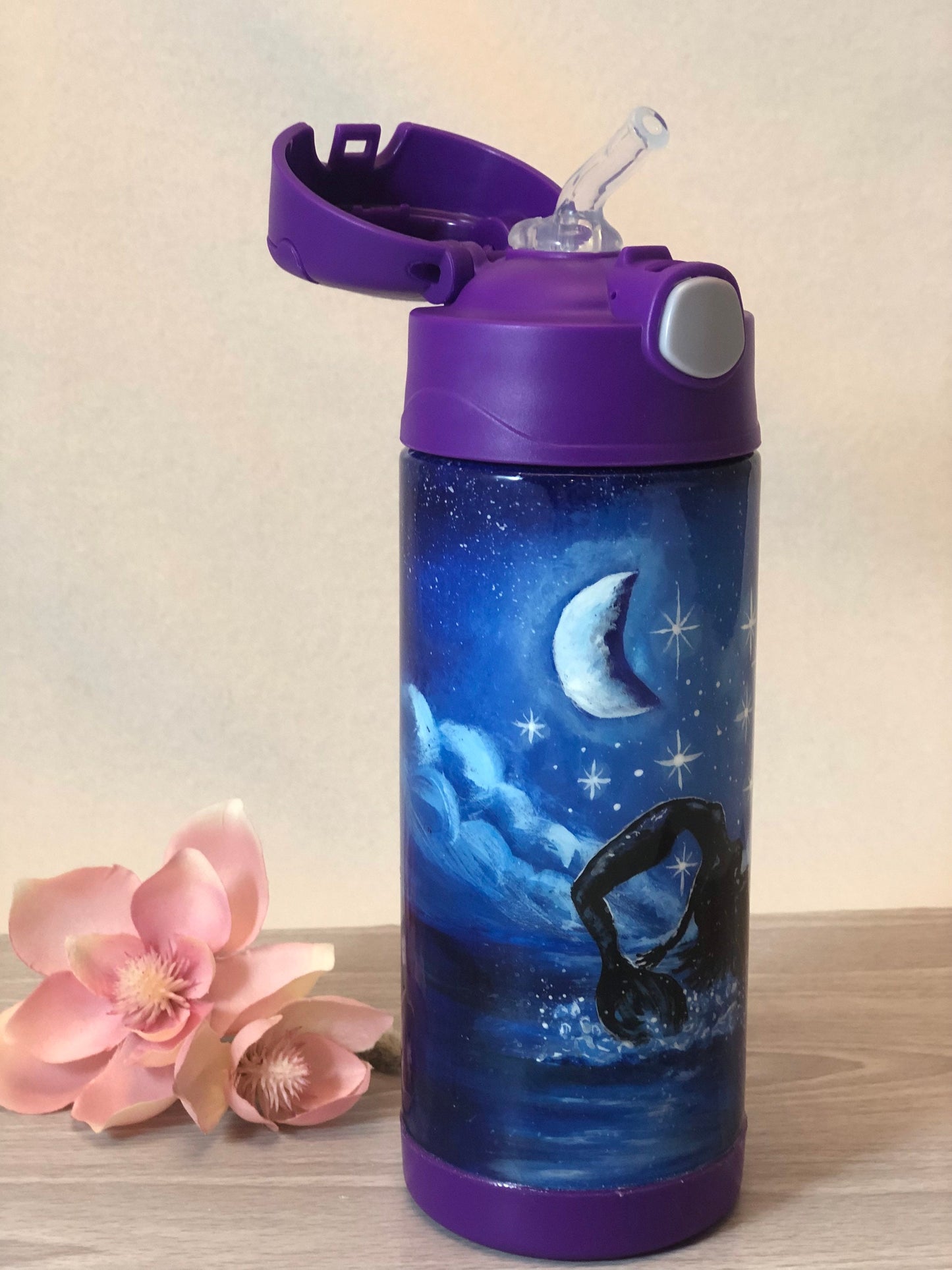 Midnight Mermaid hand painted 12 oz water bottle
